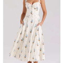 New Fashion Women Floral Print A-line Midi Elegant Party Dresses Sexy Wide Straps Lace Spliced Holiday Summer Dress voguable