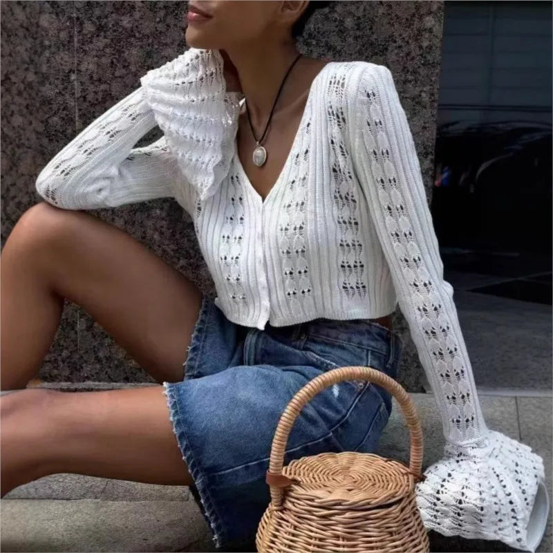 2025 New Knit Flare Sleeve V-neck Hollow Out Short Coat Fashion Casual Button Transparent Summer Cardigan Top Cover-up Jacket voguable