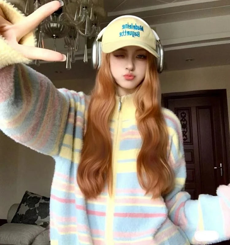 Striped Knit Splice Zipper Stand-UP Collar Sweater Autumn Winter Oversized Pullover Knitwear Women Soft Sweet Simple Cardigan voguable