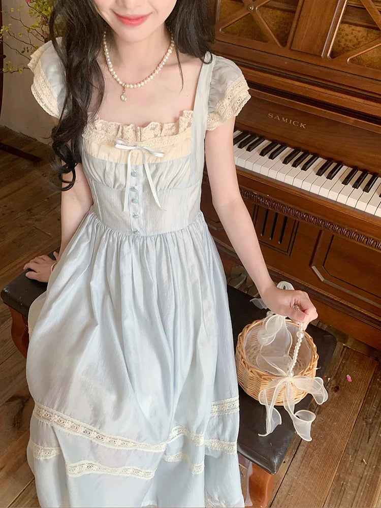 Elegant Blue Long Dress Women Sweet Lace Patchwork Vintage Dress High Quality Casual Flying Sleeve Bow Lady Retro Vestidos voguable