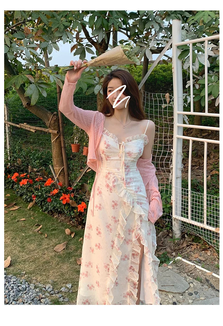 Voguable  Summer Floral Sleeveless Midi Dress Elegant Sexy French Vintage Strap Dress Woman Party One Piece Dress Korean voguable