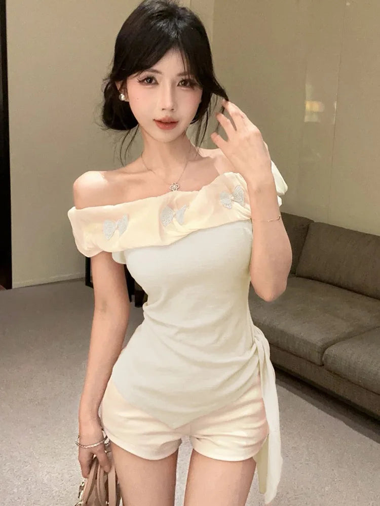 Sexy Off Shoulder Slim T Shirt Women Elegant Fashion Slash Neck Sweet Tees Korean Lace Up Design Irregular Butterfly Tops voguable