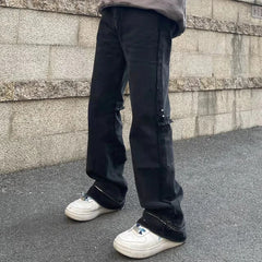Harajuku Ripped Washed Streetwear Mens and Womens Jeans Pants Straight Distressed Hip Hop Casual Flare Denim Trousers