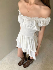 Voguable White Off Shoulder Short Sleeved Vest Dress for Women Summer Sweet Spicy Pleated Ruched Waist Boho Short Dresses Tank Dress voguable