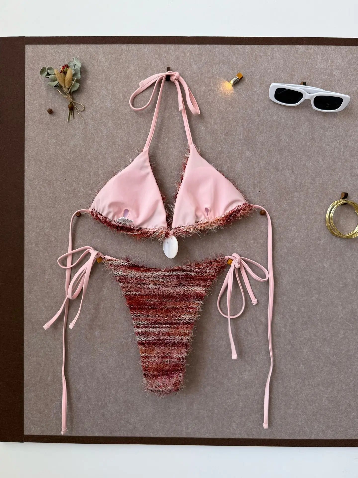 Voguable  Women Boho Fringe Bikini Set Halter Triangle Top with Shell Pendant Tie Side Bottom 2 Piece Swimsuit Sexy Beach Bathing Suit voguable