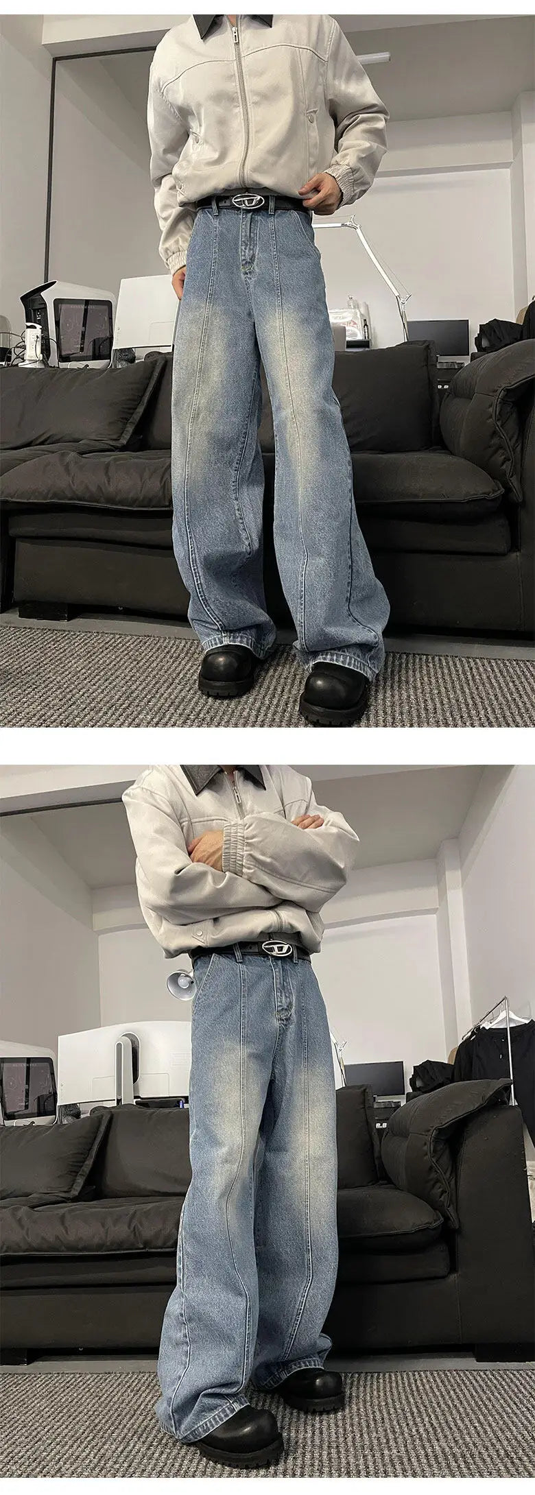 Jeans Men Loose Wide Leg Trousers Unisex low-rise jean Men's Denim Pants Old Blue Washed Male Jeans Straight Patchwork mop pants voguable