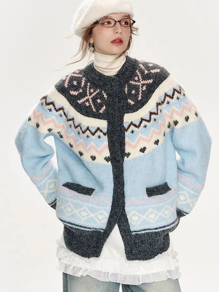 American Retro Print Cardigan Women Loose Lazy Wind Harajuku Knitted Sweater Casual Fall Winter Vintage O Neck Female Y2K Tops voguable