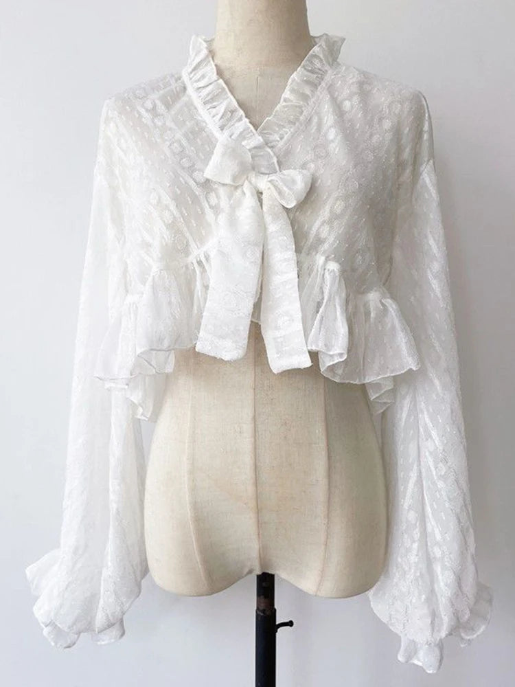 Lolita Sweet Sun Proof Shirt Women Cute Bow Lantern Sleeve Cropped Blouse Japan Kawaii Casual Elegant Jk Open Stitch Tops voguable