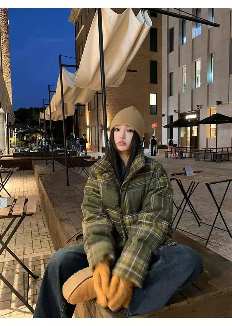Retro Streetwear Y2K Plaid Parkas Women Winter Warm Thick Hip Hop Cotton Coat American Harajuku Stand Collar Bf Vintage Jacket voguable