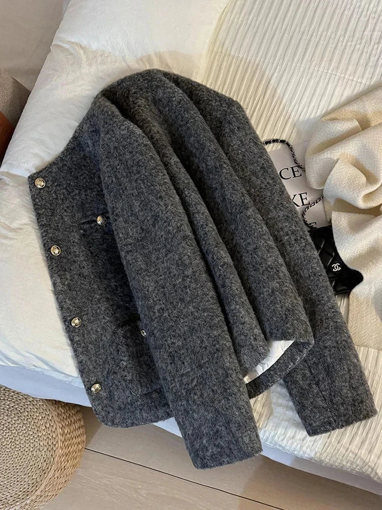 Winter Faux Woolen Gray Coat Women Vintage Thick Warm Long Sleeve Slim Jacket Casual O Neck Female Korean Elegant Retro Top voguable