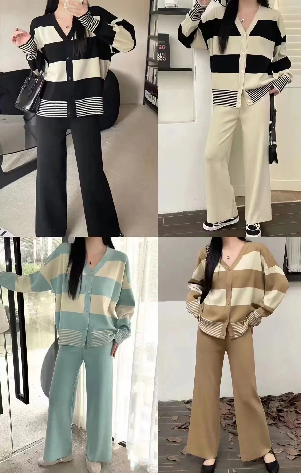 Spring New Women Sweater Set Casual Cardigans Suits Winter Knitted Loose Long Sleeve Striped Patchwork Tops Wide Leg Pants voguable
