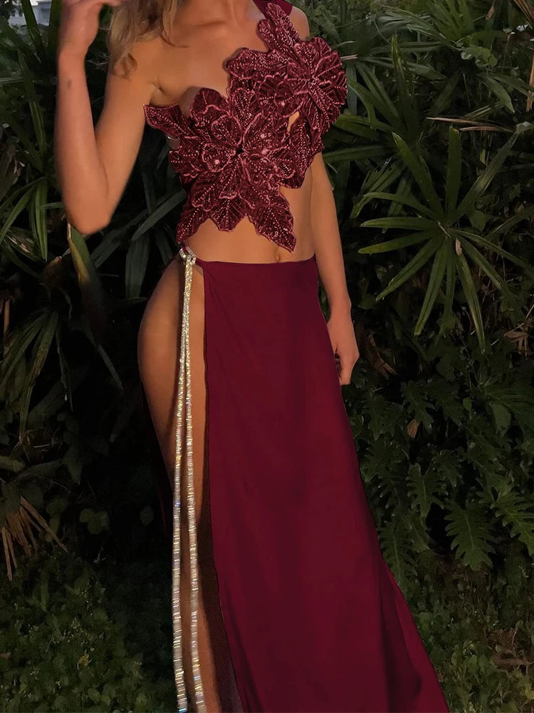 Voguable  Sequin Flowers Y2K 2Piece Set Women Sexy Beach Vacation Chic Skew Collar Tank Tops+Bandage Maxi Split Skirts Clubwear voguable