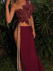 Voguable  Sequin Flowers Y2K 2Piece Set Women Sexy Beach Vacation Chic Skew Collar Tank Tops+Bandage Maxi Split Skirts Clubwear voguable