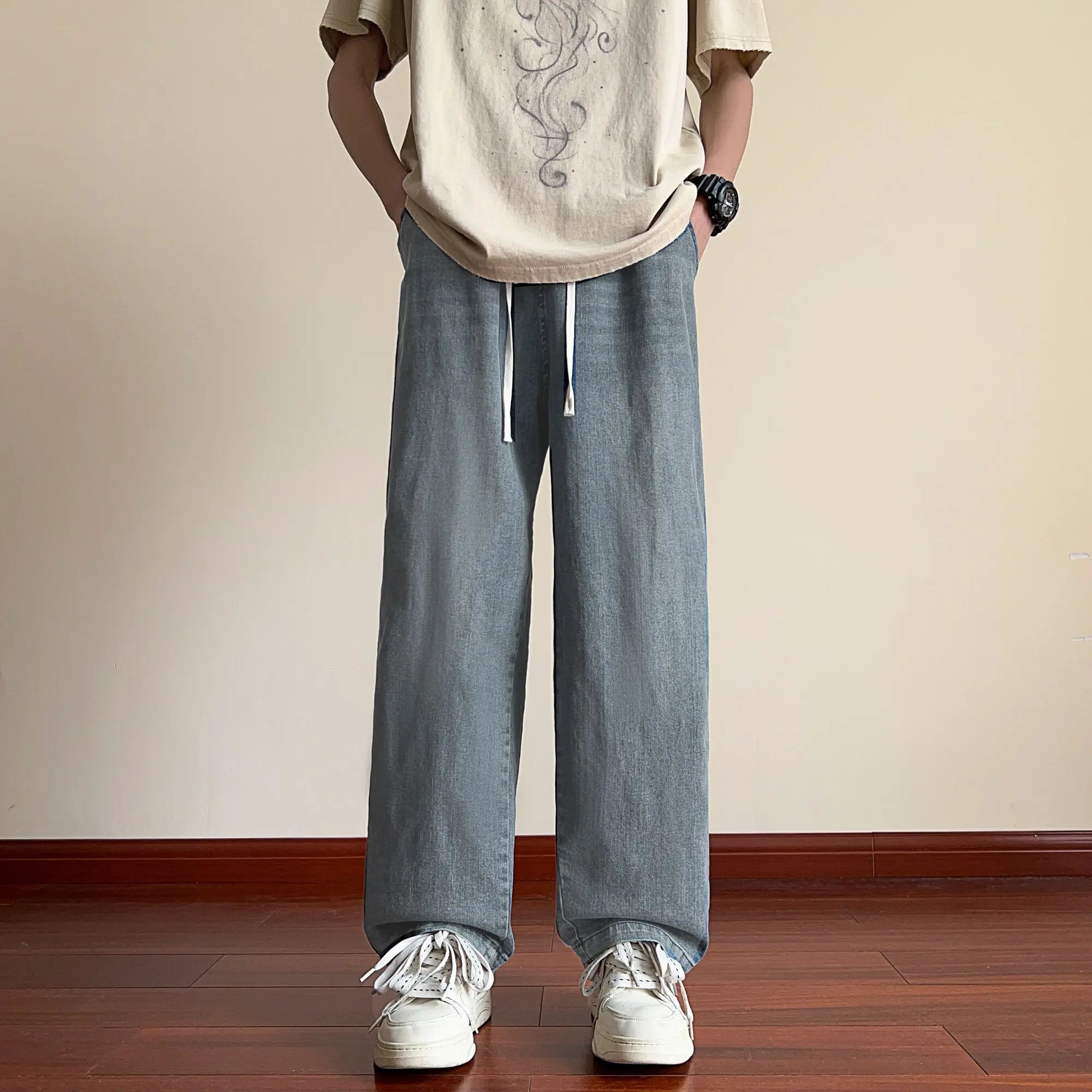 Black Baggy Jeans Men Drawstring Vintage Jeans Men Streetwear Hip-hop Loose Straight Jeans Mens Denim Pants Large Size 4XL voguable