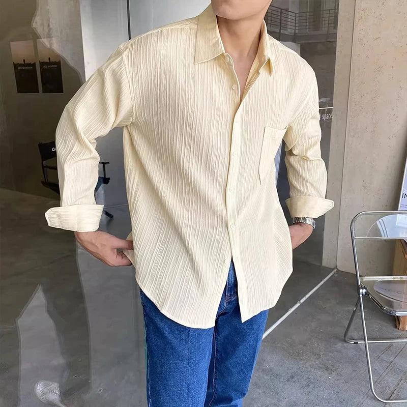 Autumn Clothing Men's Luxury Suit Collar Draped Shirts Retro Leisure Korean Popular Clothes Button-down Long Sleeve Solid Color voguable