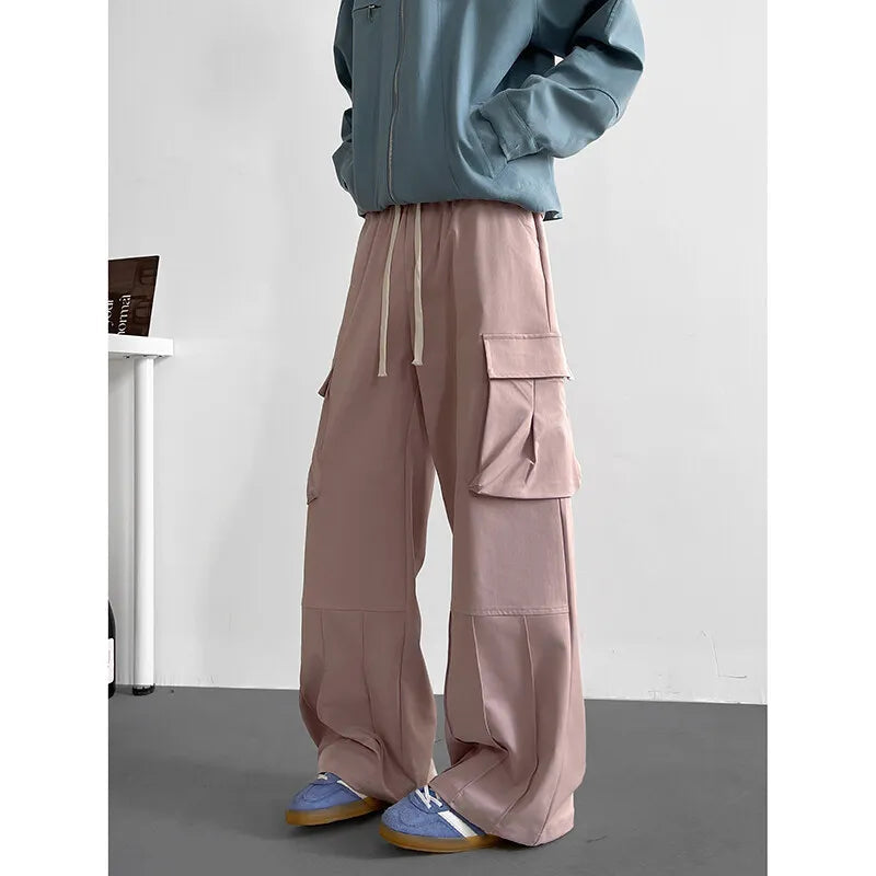 Spring Unisex Loose Wide Leg Cargo Pants Elastic Waist Side Pocket Workwear Casual Wear Trendy Men Women Outdoor Comfort Pleats voguable