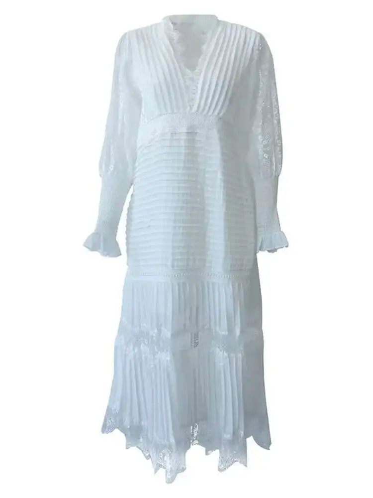 V-neck Lantern Sleeve Lace Stitching Midi Dress Female Clothing Slim Party Dresses For Women Elegant 2025 Summer New voguable