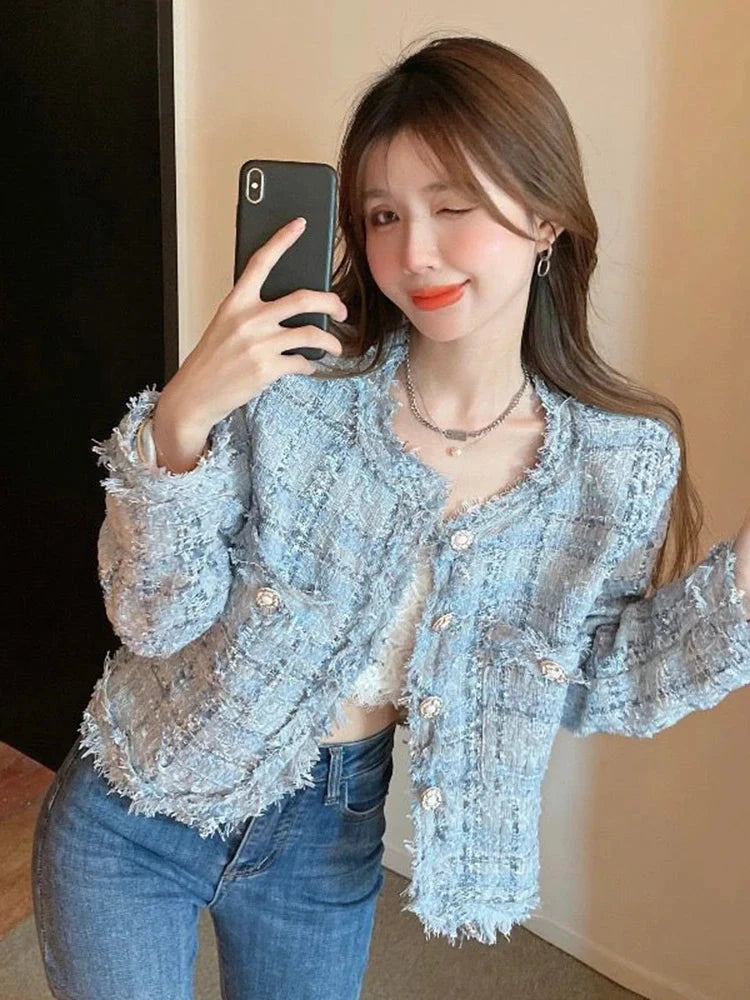 Chic Tassel Slim Tweed Jacket Women Casual Sweet Long Sleeve Short Coat Korean Fashion O Neck Elegant Design Plaid Tops New voguable