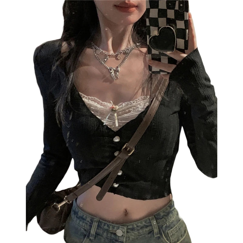 y2k Crop Top Sweet Aesthetic Clothes Women Lace Patchwork Long Sleeve T Shirt with Bow Decor 2000s Clothing Streetwear voguable