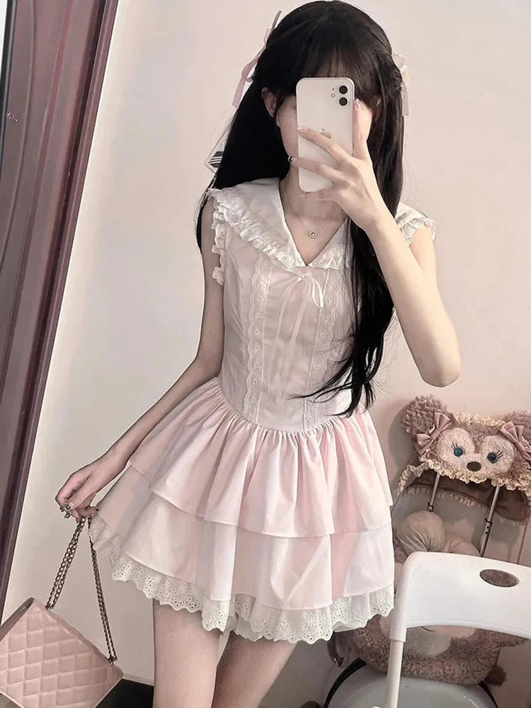 Sweet Slim Pink Dress Women Cute Preppy Style Sailor Collar Mini Dress Casual Retro Japan Lace Patchwork Kawaii Cake Dress voguable