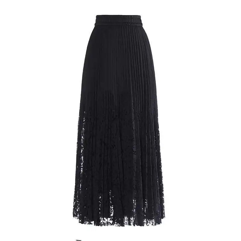 Lace Spliced Printing Pleated Skirts For Women High Waist Loose Causal Colorblock Skirt Female Fashion New Clothes voguable