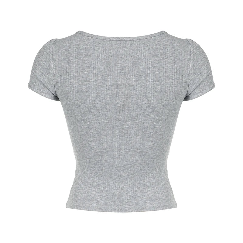 Voguable Y2K Contrast Lace Patchwork Knitted Top Women Cute Casual Basic Short Sleeve T-shirts Summer Coquette Square Collar Tee voguable