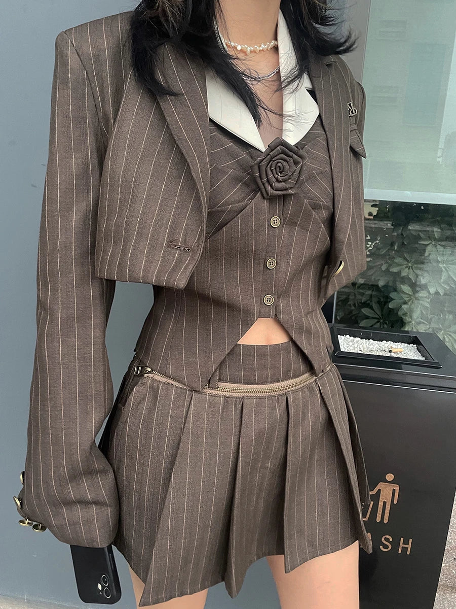 Fall Women Birthday Preppy Style Gyaru Rave Outfits 3 Piece Set Cropped Blazer + Design Vest + High Waist Mini Pleated Skirts voguable