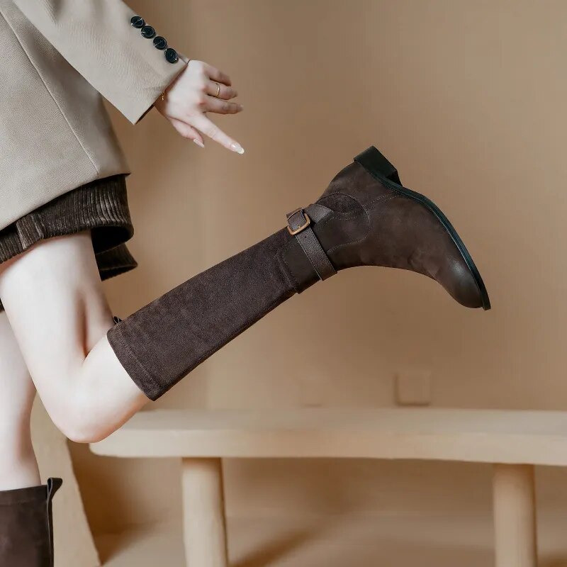 New Vintage Women Knee-High Boots Cow Suede Leather Thick Heels Office Ladies Working Shoes Woman Autumn Winter Retro Style voguable