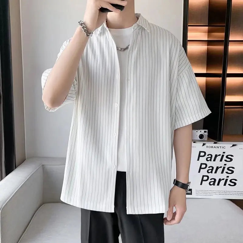 Striped Shirt men Japanese Casual Oversize Trend Black Unisex gothic Short Sleeved Blouses gotmes-shop