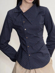 Vintage Slim Plaid Shirt Women Elegant Fall Long Sleeve Design Blouse Casual Preppy Style Female Retro Korean Sweet Tops voguable