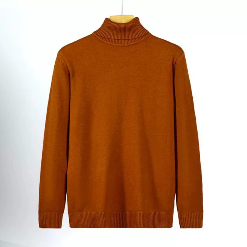 New Korean Fashion Men Sweater Light Luxury Trendy Turtleneck Knit Solid Color Pullover Leisure Retro Long Sleeve Basic Knitwear voguable