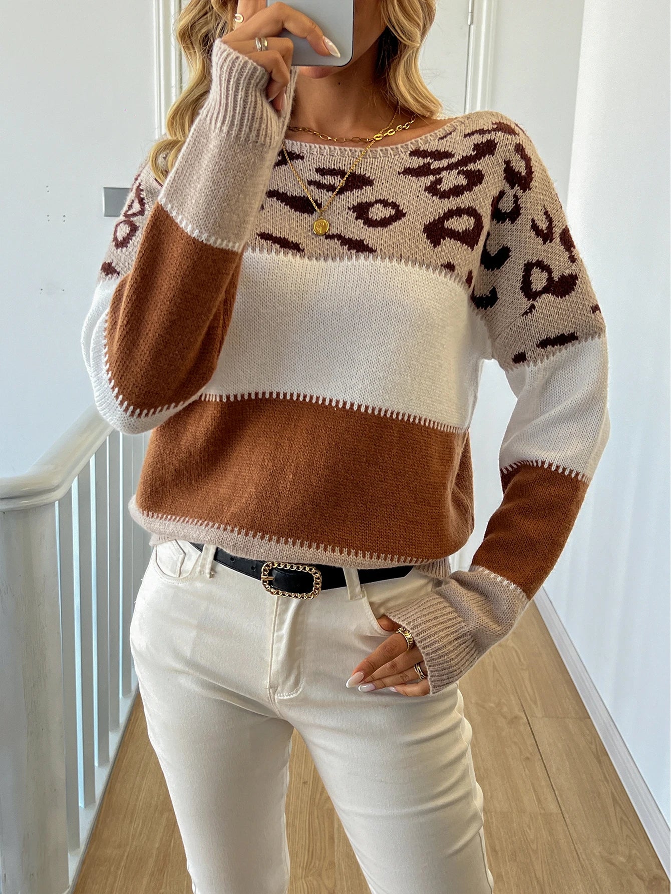Autumn and winter leopard print contrasting pullover knitted sweater voguable