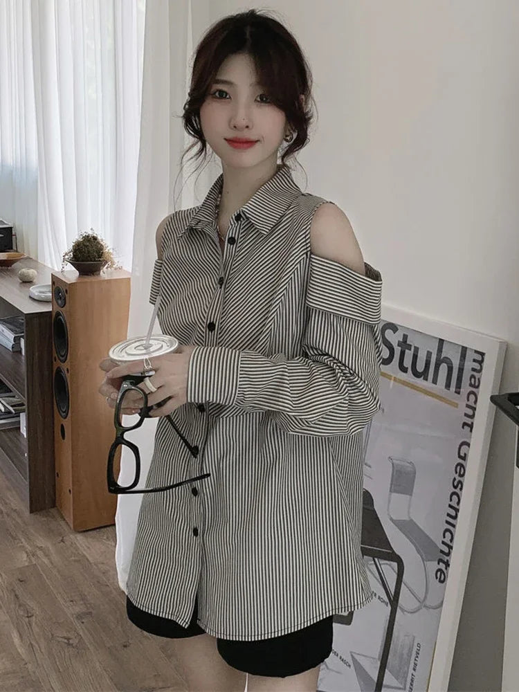 Hollow Out Striped Shirt Women Casual Long Sleeve Off Shoulder Blouse Korean Vintage Loose Design Female Retro Elegant Top voguable