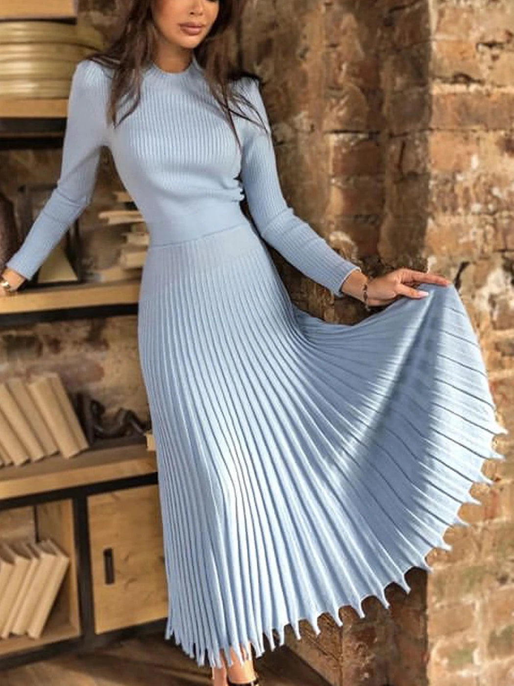 Women Spring And Autumn Solid Color Casual Pleated Mid-length Knitted Dress Fashion Long Sleeve O-neck Robe A-line Slim Vestidos voguable