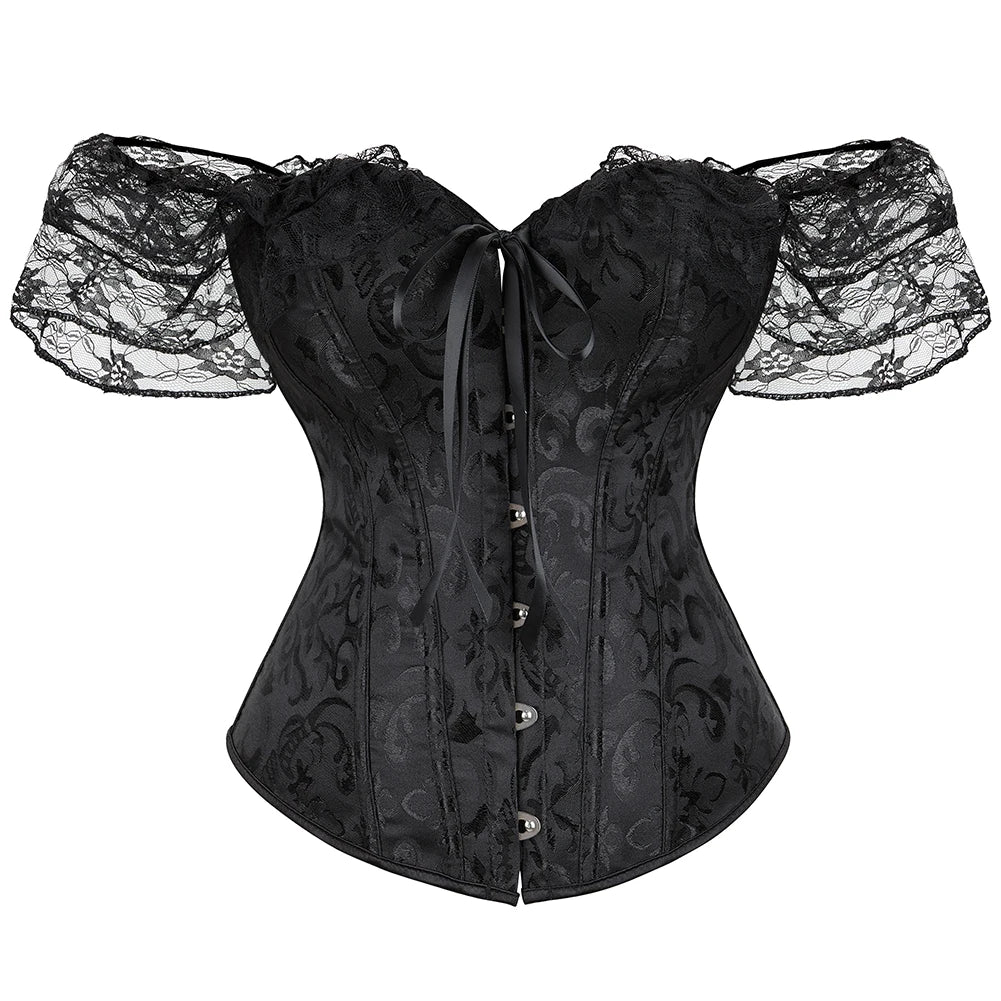 Voguable Womens Bustier Overbust Corselet Lace Up Short Sleeve Sheer Corset Bluse Costume Crop Top voguable
