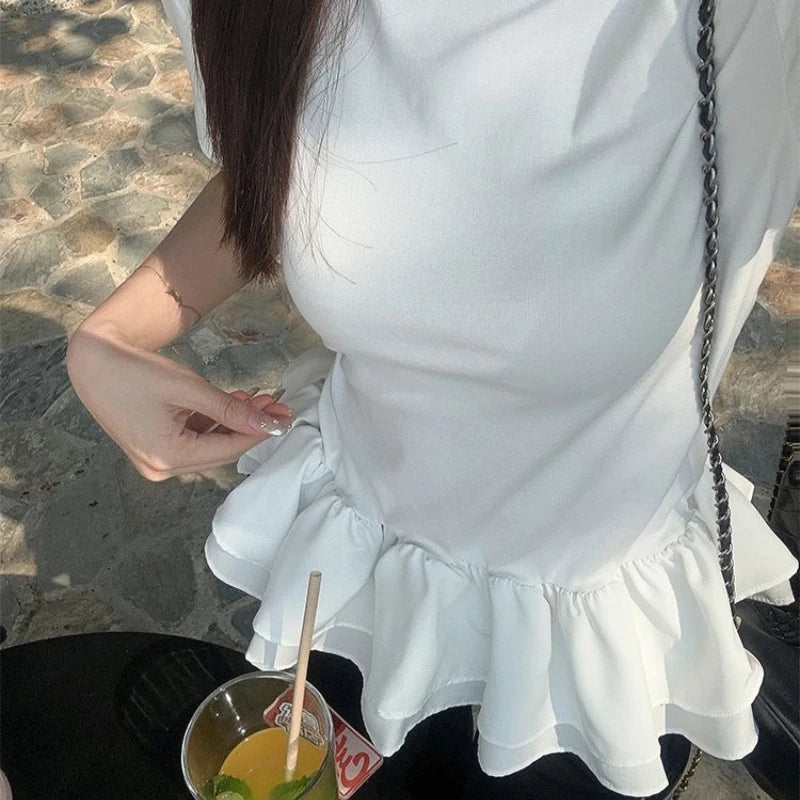 Women Patchwork Fringed Ruffles O-neck Cotton Tshirt Womans Summer Clothes Elegant Solid Shirt Women Slimming Short Sleeve Tee voguable