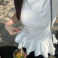 Women Patchwork Fringed Ruffles O-neck Cotton Tshirt Womans Summer Clothes Elegant Solid Shirt Women Slimming Short Sleeve Tee voguable