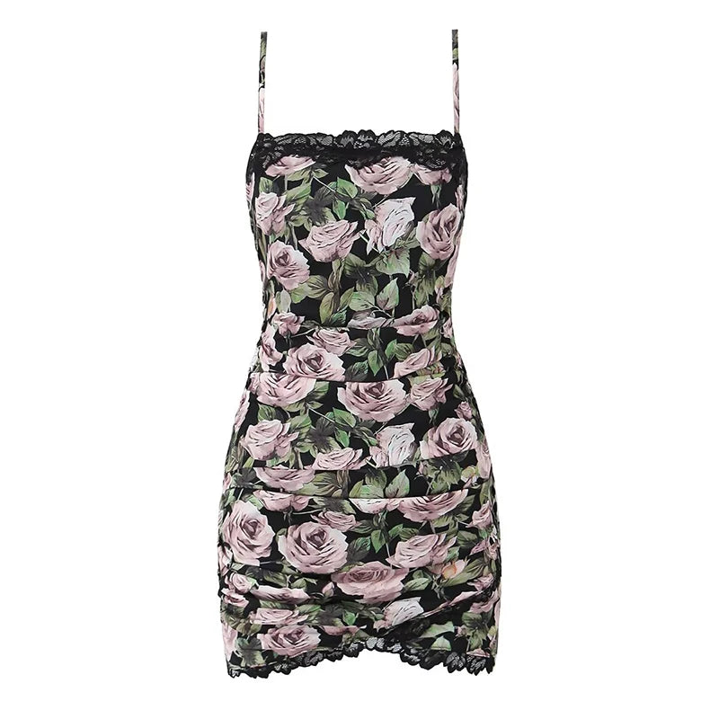 Lace Spliced Rose Flower Print Sling Bodycon Mini Dress Women Vintage Ruched Package Hip Sexy Dresses Summer Robe 
