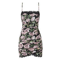 Lace Spliced Rose Flower Print Sling Bodycon Mini Dress Women Vintage Ruched Package Hip Sexy Dresses Summer Robe 