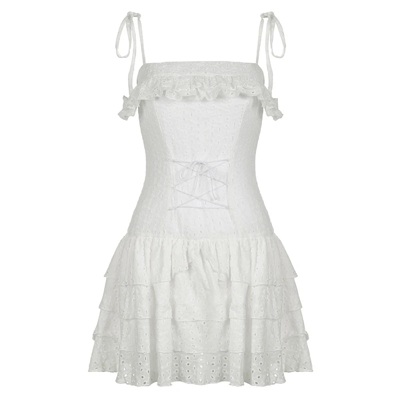 Voguable French Jacquard A-line Tiered Mini Dress Women Coquette Chic Ruffle Spaghetti Straps Layered Sundress Holiday Party voguable