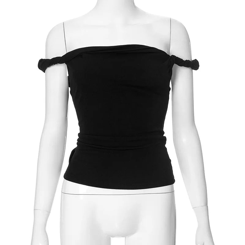 Off Shoulder Slim Fit Twist Top For Women Sexy Solid Fashion Sleeveless Patchwork Pullover Short T shirt Female Summer voguable