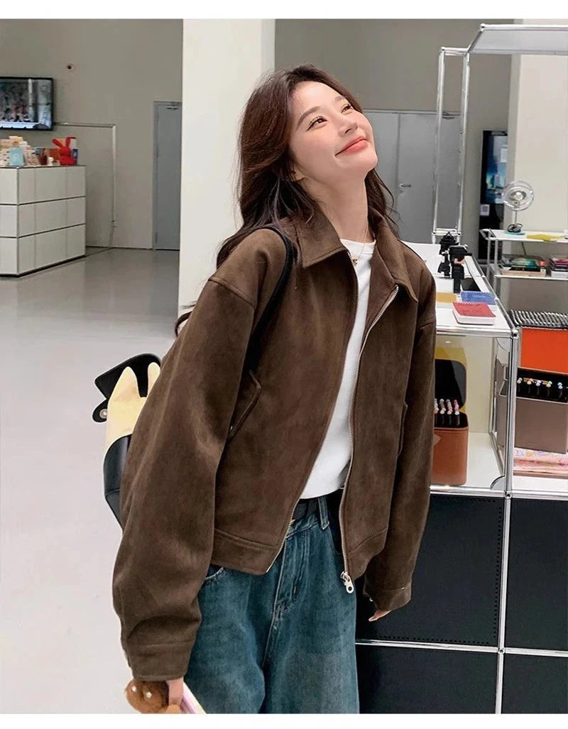 American Y2K Jacket Women Vintage Loose Faux Suede Long Sleeve Casual Coat Hip Hop Fall Winter Lady Streetwear New Outwear voguable