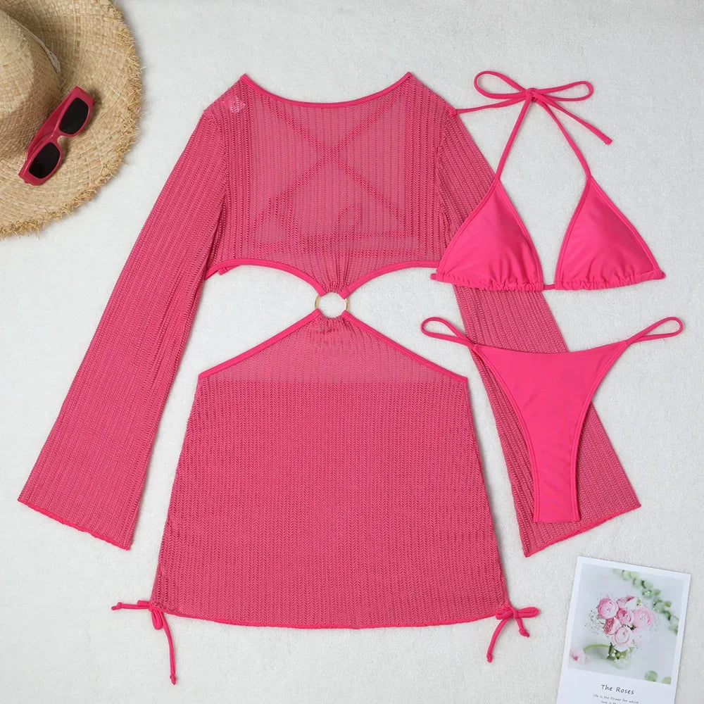 Voguable  White Mesh Backless Dress Cover Up Swimwear 3 Piece Bikini Set String Lace-up Micro Thong Swimsuit Women Halter Triangle Bikinis voguable