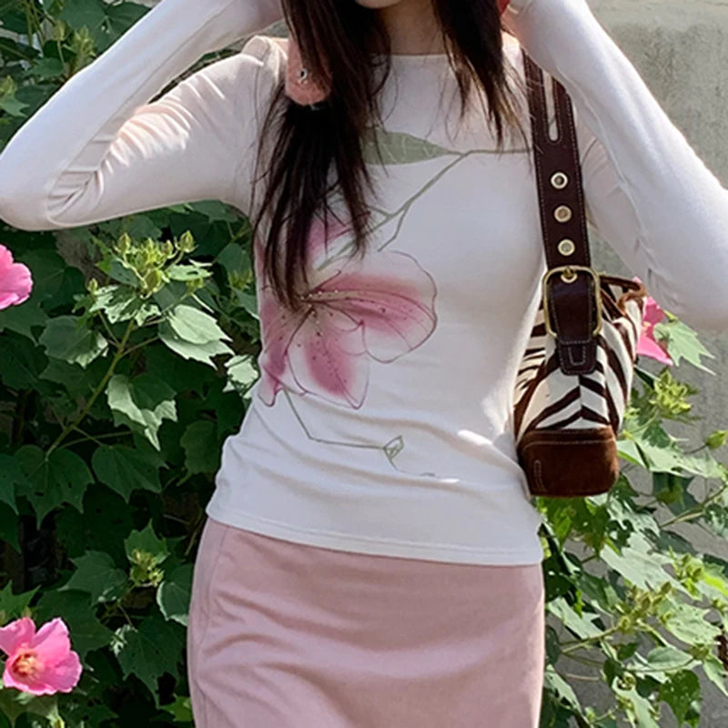 Fairy Coquette Top Women y2k Clothing Rhinestone Floral Print Round Neck Long Sleeve T Shirts 2000s Clothes Streetwear voguable
