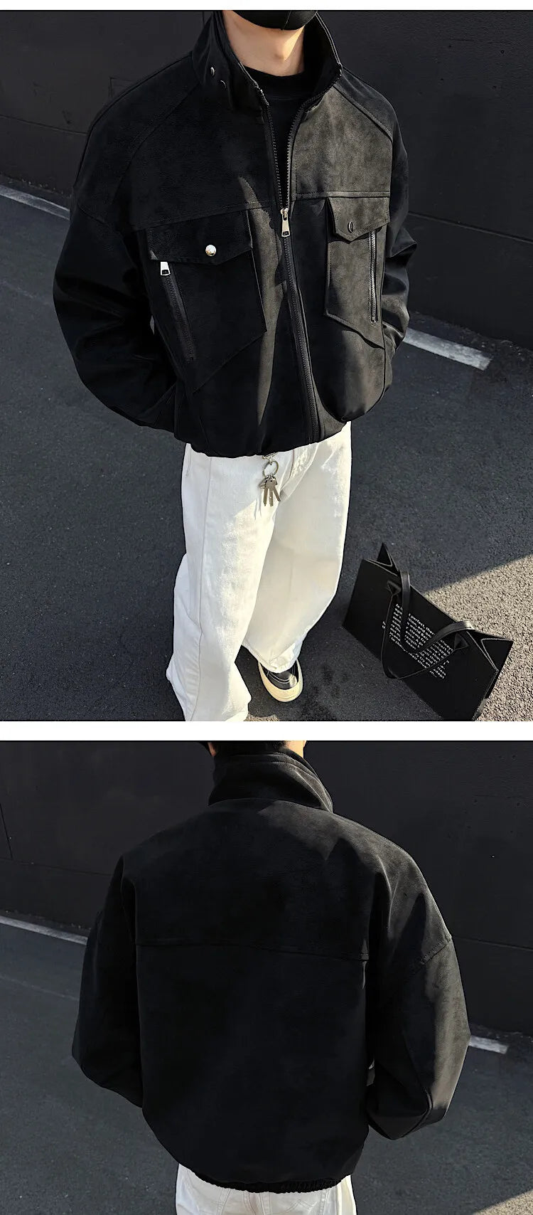 Mens Short Stand Collar Motorcycle Jacket Patchwork Cargo Biker Coat Spring Outdoor Riding Fashion Streetwear Urban Trendy voguable