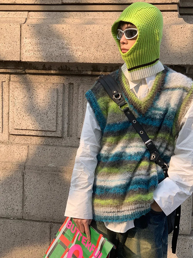 Voguable Vintage Sweater Vest Men's Knitted Sleeveless Men Sweaters Retro V-neck Pullover Blue Japanese Streetwear Harajuku voguable