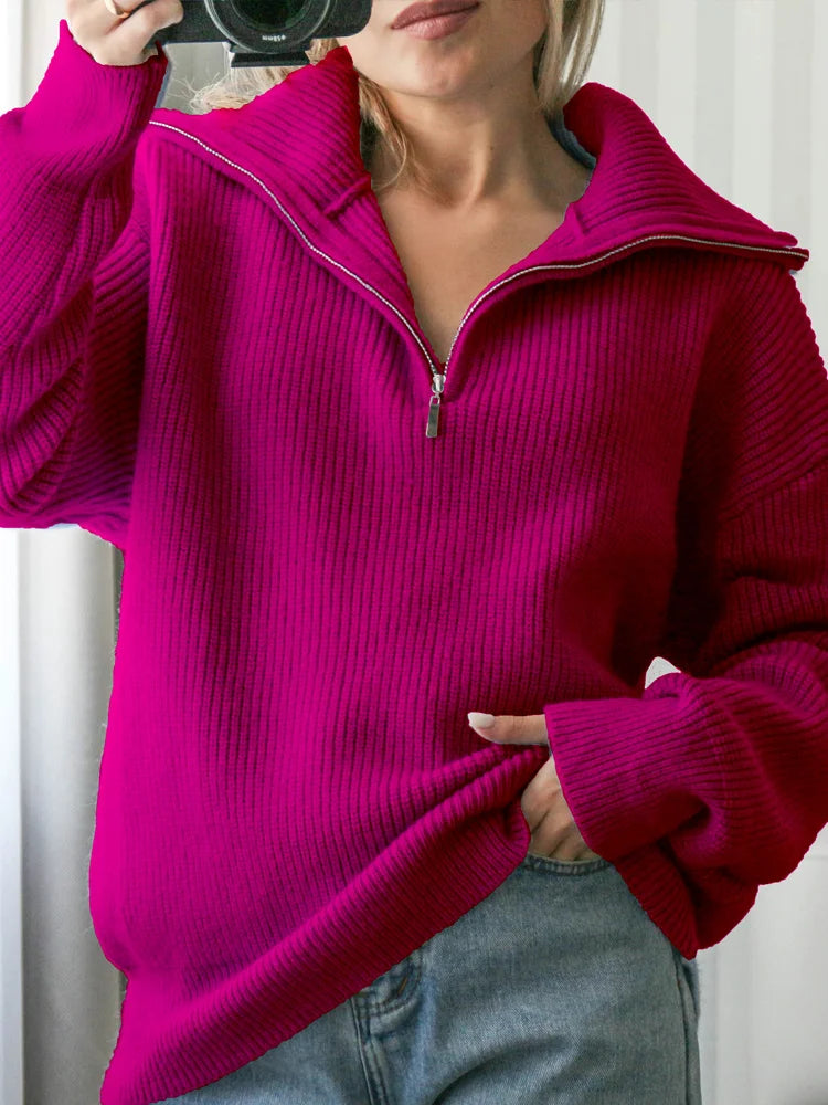 Women's Turtleneck Zippers Fashion Women Sweaters Solid Loose Pullover Long Sleeve Casual Knitted Sweater Woman Winter