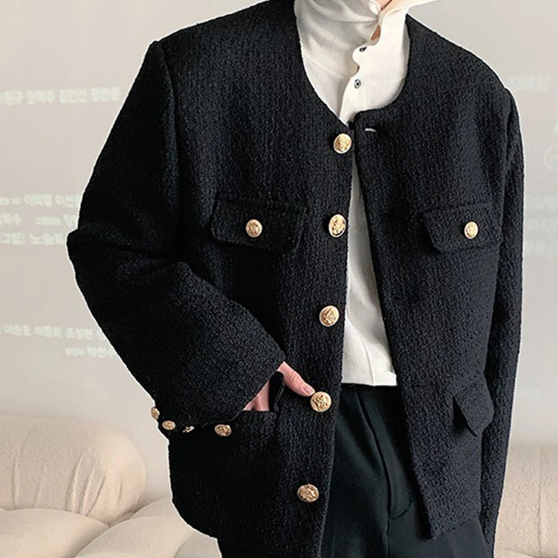 Korean Style Fashionable Tweed Round Neck Jacket Men Japanese Trendy High-end Single-breasted Short Jacket with Temperament voguable