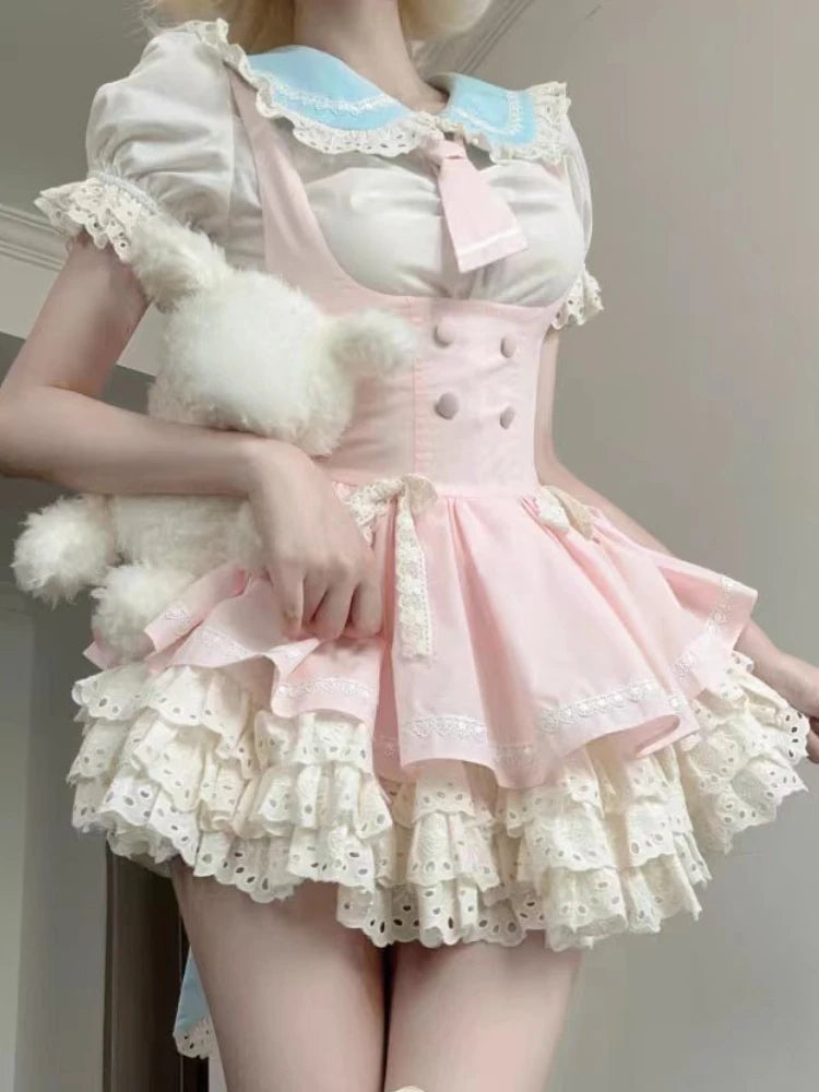 Voguable 2024 Lolita Kawaii 2 Piece Sets Women Cute Slim Blouse Blouse + Sweet Lace Sleeveless Y2k Mini Dress Japanese Style Fashion Suit voguable