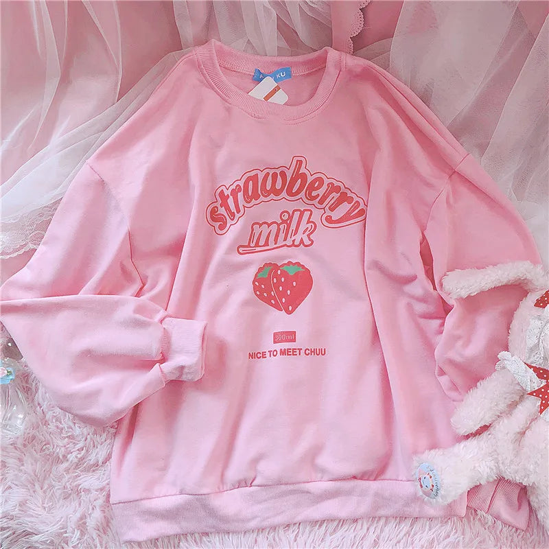 S-3XL Harajuku Kawaii Sweatshirt Strawberry Pink Sweatshirts Spring Kpop Korean Style Fleece Women Cute Top Outwear for Girls voguable